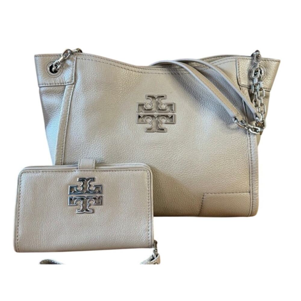 Tory Burch Britten Grey Leather Tote + Matching Wallet
